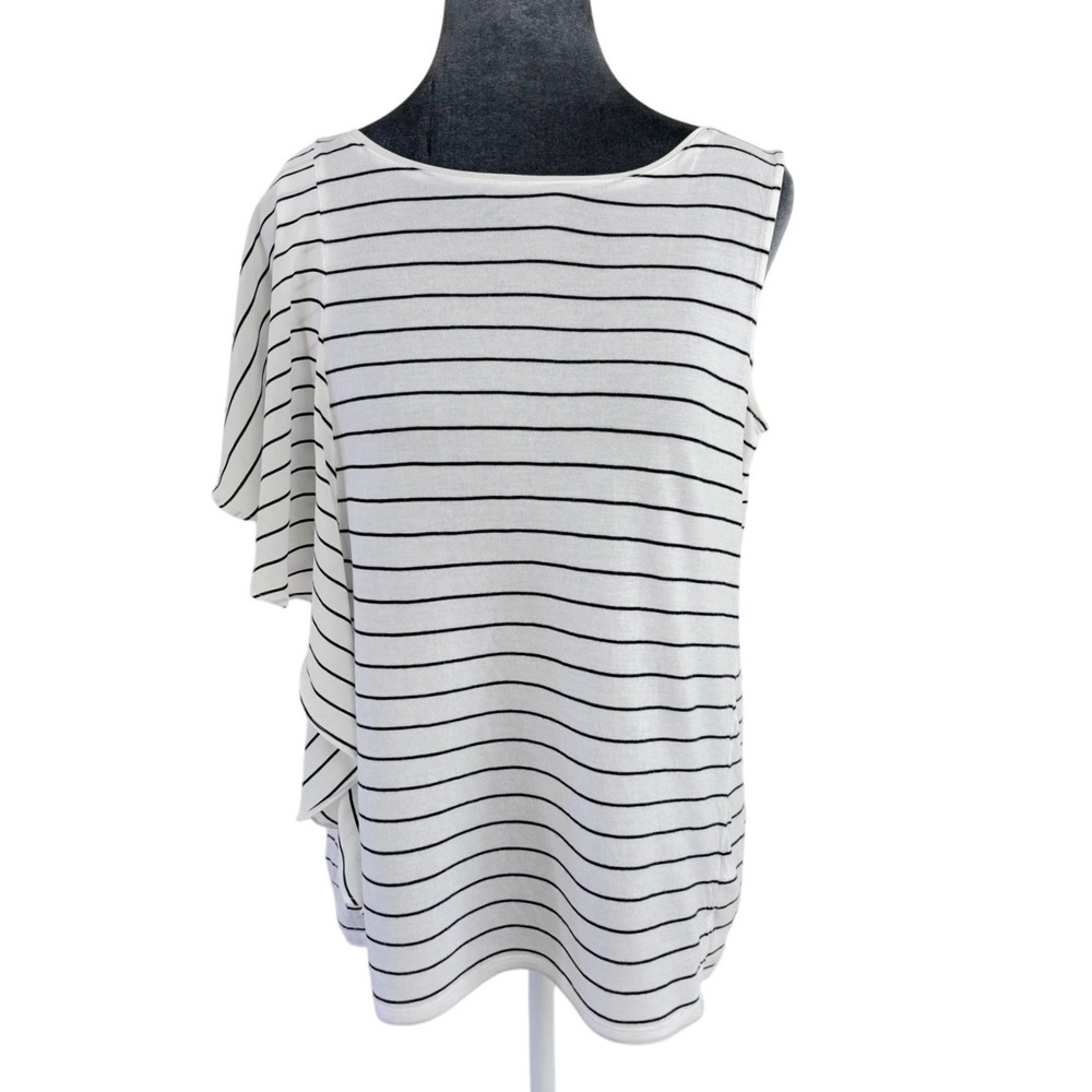 WHBM Striped Parisian Nautical Asymmetrical Ruffle Sleeveless Top White Black M